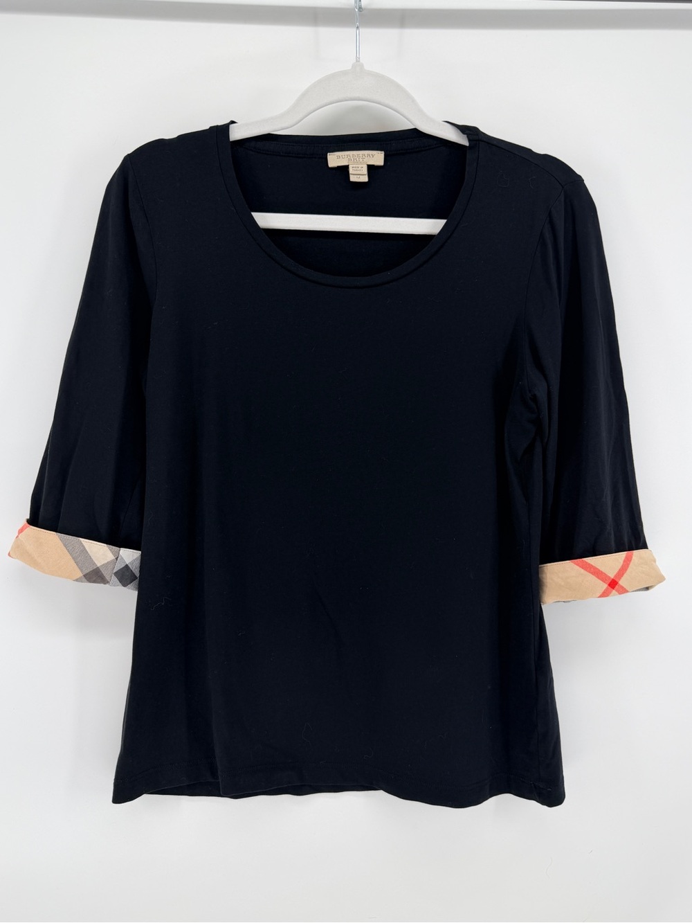 Burberry Brit Black Nova Check Cuff 3/4 Sleeve Stretch Cotton Top M
